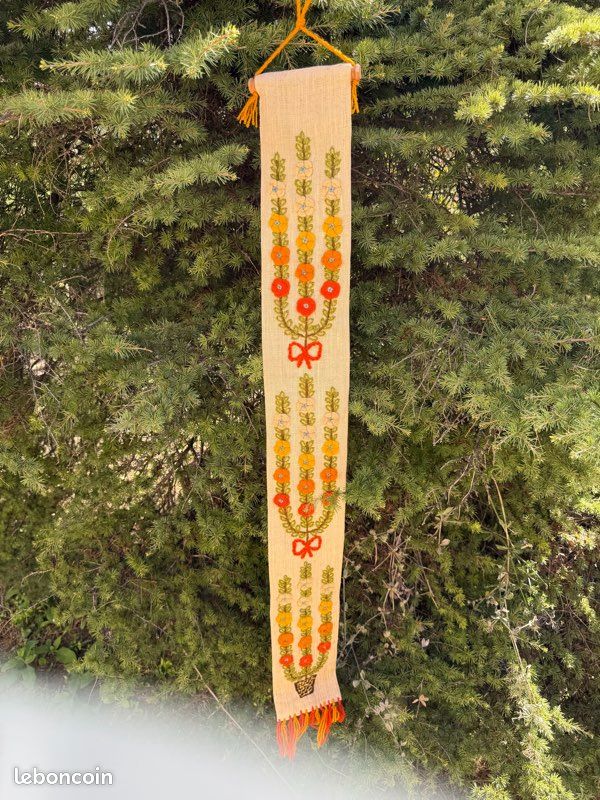 Tenture Murale Vintage Norvège Suède, Laine Brodée Main, Motif Floral, Cloche