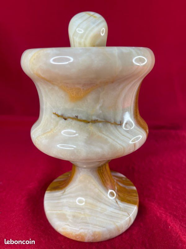 Ancien Mortier Et Pilon En Onyx Beige – Pierre Naturelle Faite Main – Vintage Années 1920-1940