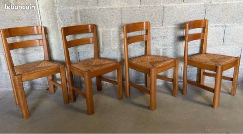 Ensemble quatre chaises vintage bois orme et paille design 1970 maison regain (image 1)
