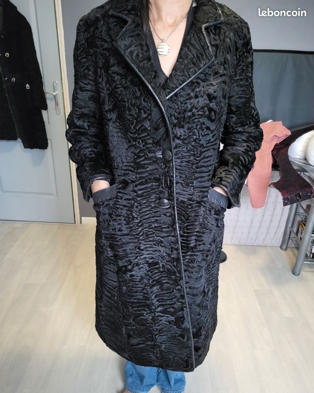 Manteau Femme En Astrakan Noir Vintage - Taille XL (L/XL) - Très Bon état Occasion