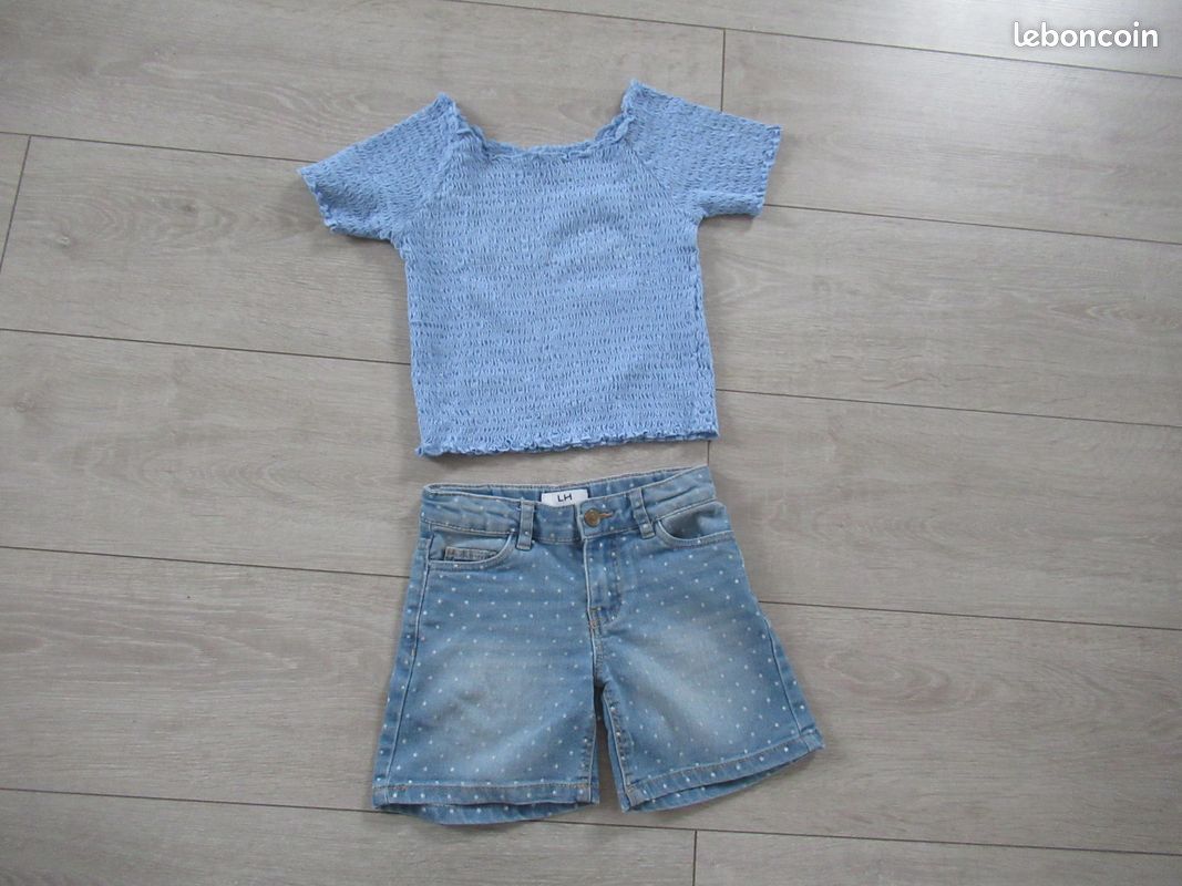 Tee-shirt smocké crop-top bleu et short en jean taille 6 ans (image 1)
