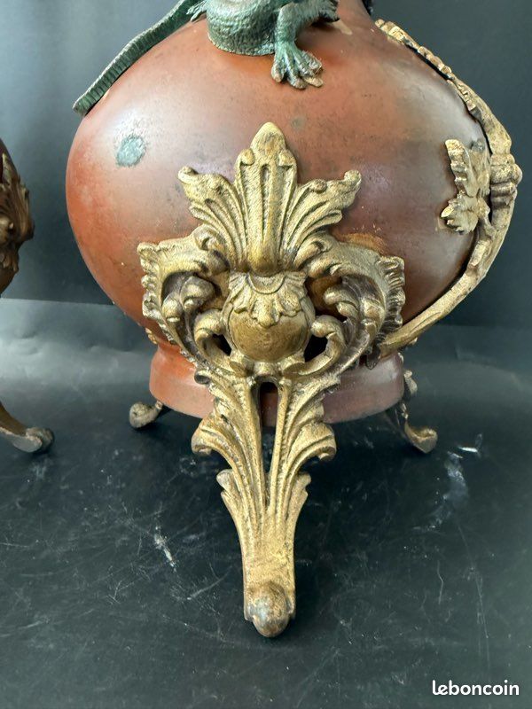 RARE Antique Napoleon III Japonisme Vases Pair Bronze Lizards Papillon France (image 6)