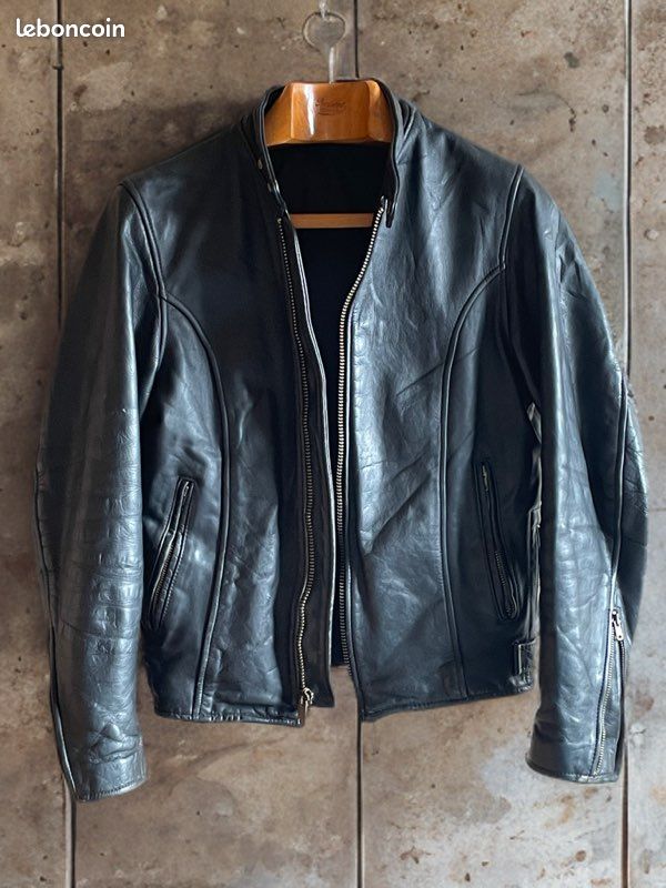Blouson Café Racer Cuir Noir Reed Sportswear Vintage Années 80 - Taille L/XL, Très Bon état