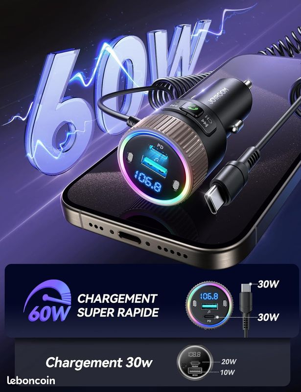Kit Mains Libre Voiture Transmetteur FM Bluetooth Joyroom 5.3 Voiture - Kit Mains Libres Avec Charge Rapide PD 30W QC 18W Adaptateur FM Charge Rapide