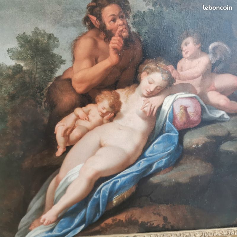 Tableau Huile sur panneau Vénus nue endormie époque XVIIIe avec angelots (image 2)
