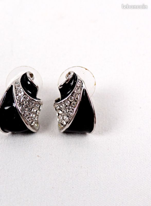 Broche Art Déco Ancienne - Émail Noir Chiné Avec Cristaux - Bijou Vintage - Réf. 5028