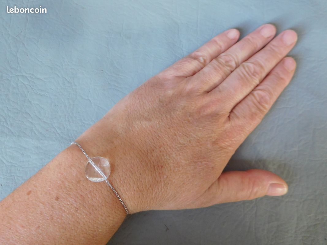 Bracelet gourmette chaine forçat verre cristal blanc facette gris argent massif femme jeune fille (image 2)