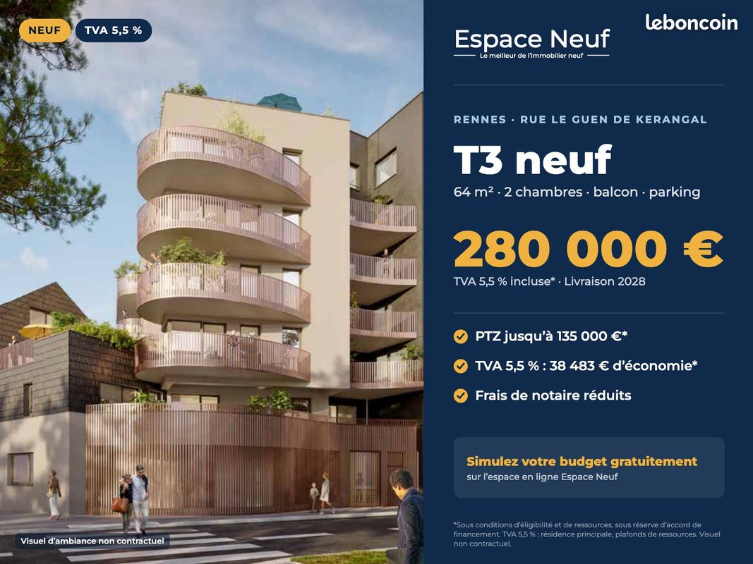 Appartement 3 pièces 64 m² · à Rennes · 64 m² · 280 000 €