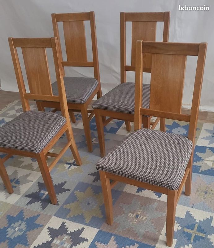 Lot de 4 chaises Brutalistes en chêne et tissu à carreaux, Danemark, années 1960 (image 5)