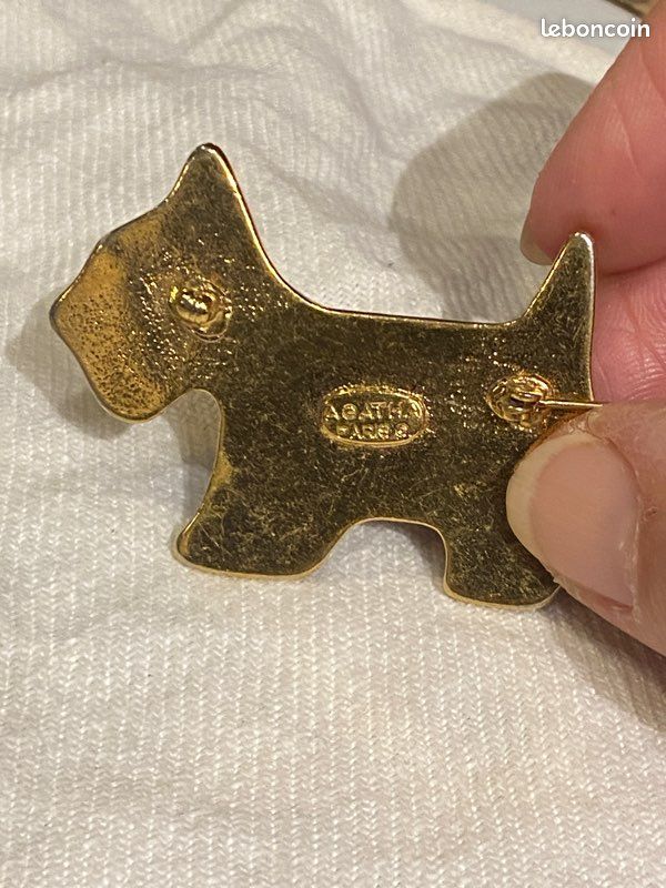 Broche Vintage Agatha Scottish Terrier - Chien En Métal Doré Et Strass, Avec Pochette, Occasion En Bon état