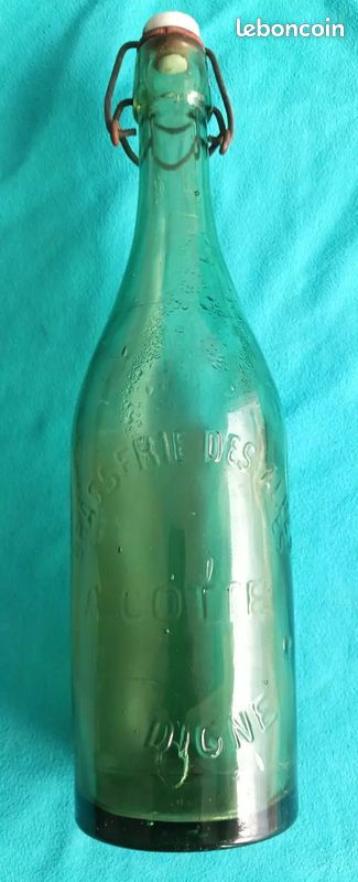 Bouteille verre ancienne gravée A.Cotte Digne bouchon mécanique porcelaine (image 1)