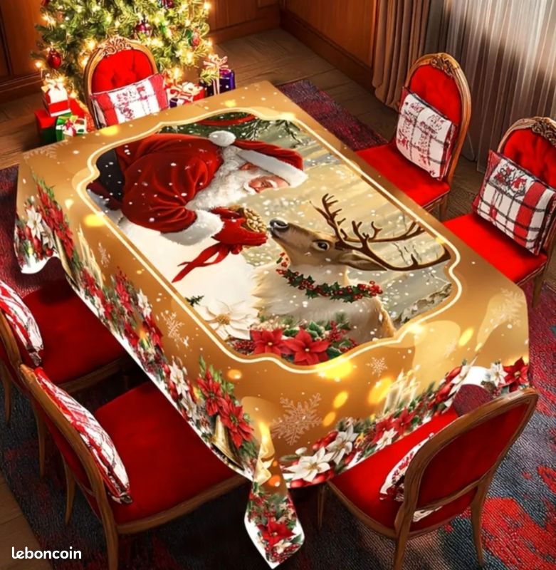 Nappe Ronde De Noël En Polyester 180x180 Cm - Motifs Renne, Père Noël, Bonhomme De Neige, Bordure Dentelle