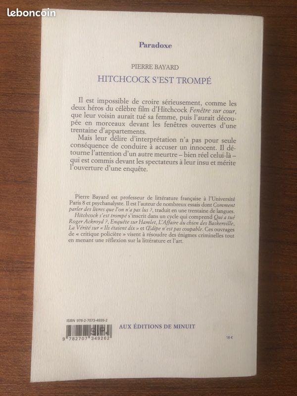 Pierre Bayard, Hitchcock s'est trompé. "Fenêtre sur cour" contre-enquête, Minuit, 2023, exemplaire signé (image 3)