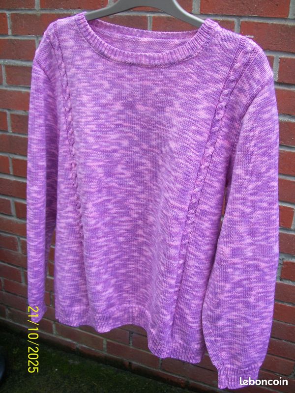 Pull Dame Rose Chiné T 44/46 Torsades Manches et Devant (image 2)