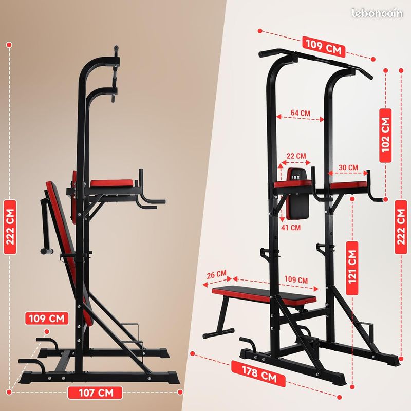 Station De Musculation Pull Up Fitness – Barre De Traction Réglable + Chaise Romaine + Banc Pliable, Pour Abdos, Dips, Pompes (noir/rouge)