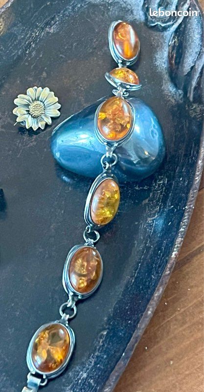 Ancien Bracelet Gourmette En Pierre D'ambre Véritable - Orange - Unisexe