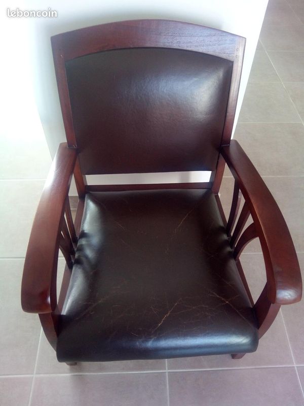 Fauteuil Vintage Cuir & Teck colonial (image 1)