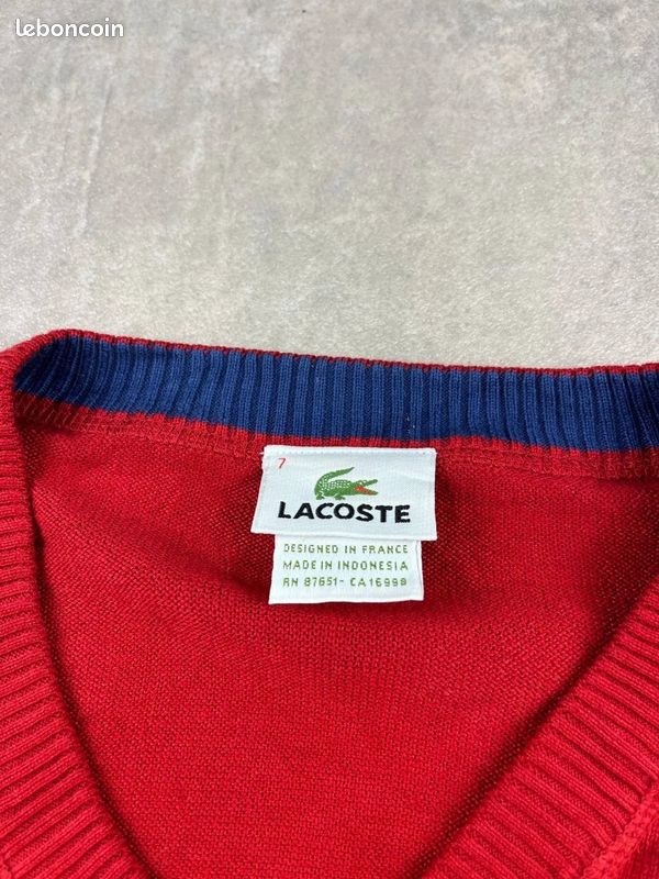 Pull Lacoste homme col V rouge taille XXL 100% coton logo croco petit crocodile vintage France #G27 (image 4)