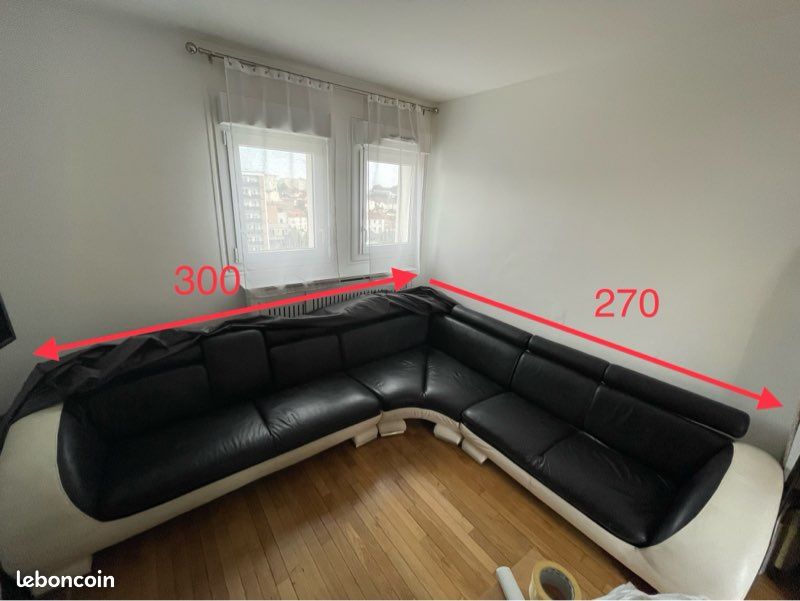Canapé d'angle en cuir supérieur de vachette intégrale noir et blanc (image 2)