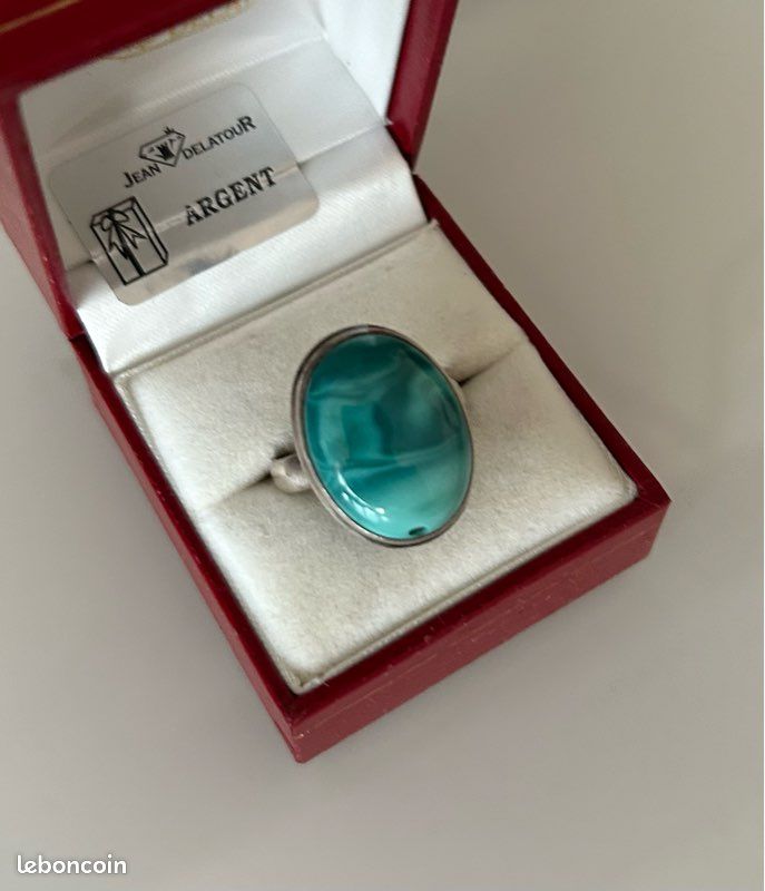 Bague Chevalière Argentée Avec Cabochon En Pierre Turquoise - Taille 58 - Occasion Parfaite