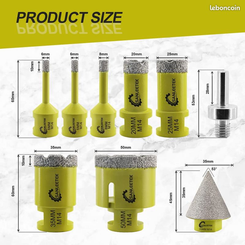 Foret Diamant Kit Trepan Carrelage - 9pcs (6/6/8/20/25/35/50mm+35mm Mèches de Chanfrein+Adaptateur) Scie Cloche pour Carrelage Céramique Porcelaine Marbre Granit M14 Filetage SANLEETEK (image 1)
