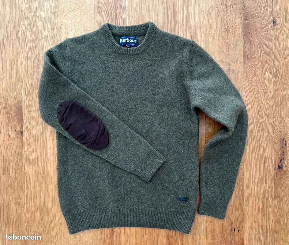 Pull Barbour Homme vert Olive 100% laine coudières marron Taille XS (image 1)