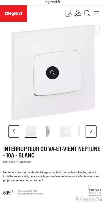 Interrupteur Double Va-et-vient / Poussoir Legrand Neptune - Blanc - Occasion