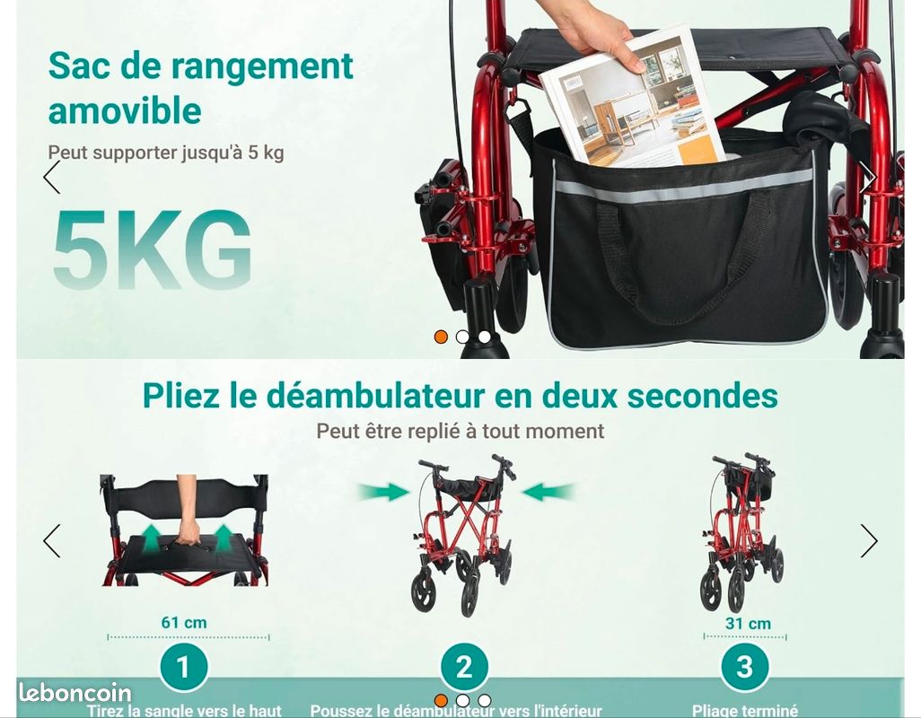 Déambulateur pliable 2 en 1 pour fauteuil roulant, pliable et léger, avec siège, en aluminium, avec porte-canne et sac de courses amovible, déambulateur étroit pour appartement (image 2)