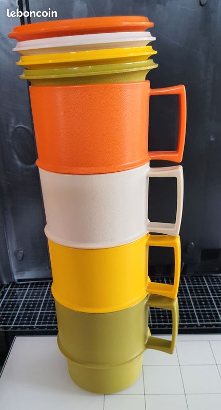 Lot De 4 Tasses De Voyage Vintage Avec étui Et Cuillères – Pique-nique Rétro