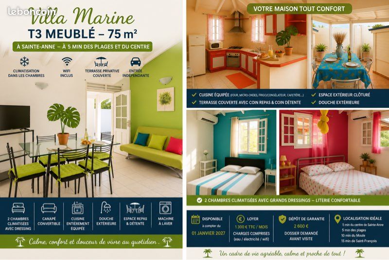 Maison 3 pièces 75 m² · à Sainte-Anne · 75 m² · 1 300 €