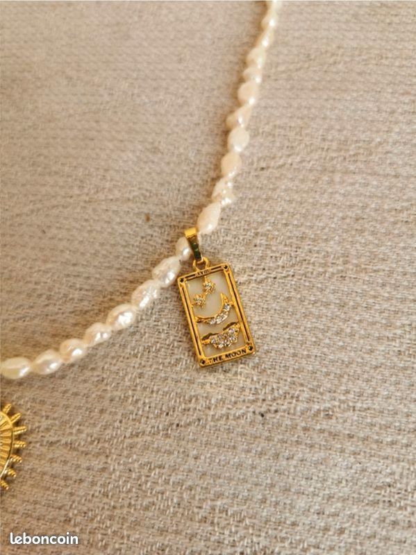 Collier perles de culture "grain de riz" neuf pampilles cœur carte tarot lune strass ex voto milagros acier doré creation (image 15)