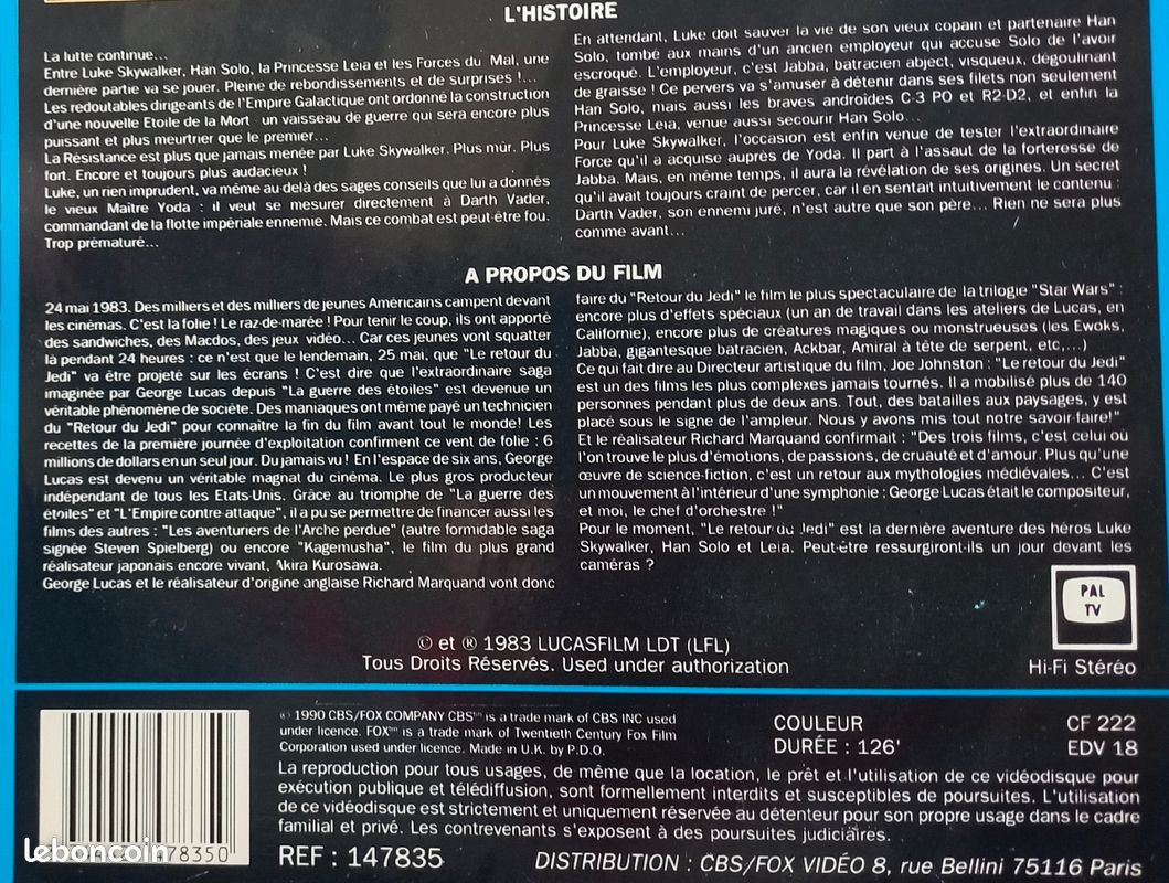 Compact Disc Vidéo (Laserdisc) STAR WARS - LE RETOUR DU JEDI (FRANÇAIS)[RARE] (image 7)