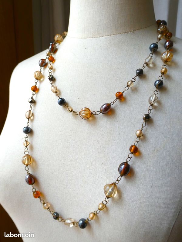 Collier Sautoir Long Vintage En Perles De Verre Bleu Turquoise Et Noir - Plus De 90 Cm