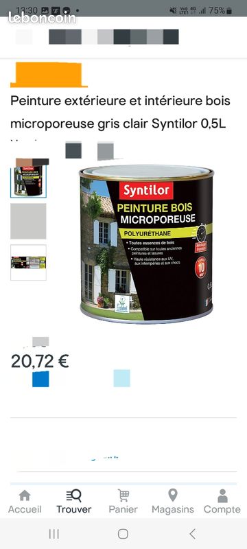 Peinture intérieure et extérieure bois microporeuse gris clair syntilor 0.5L neuve (image 1)