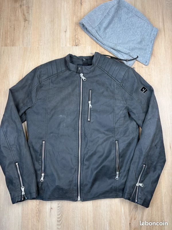 Blouson motard gris Kaporal taille L veste simili cuir et capuche amovible homme style (image 1)
