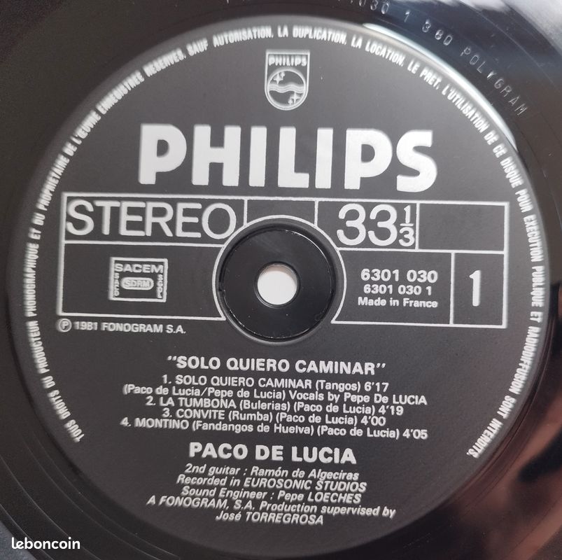 Paco De Lucia disque vinyle 33 tours Solo Quiero Caminar (image 3)
