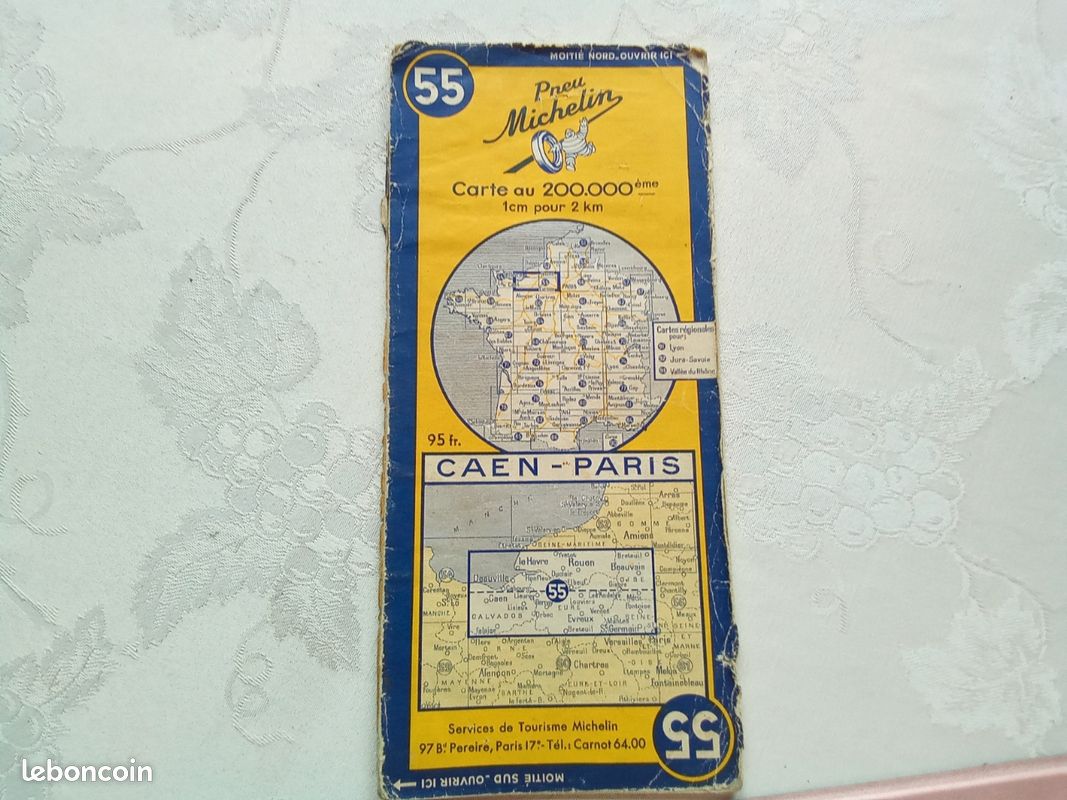Ancienne carte routière collection mécanique automobile station service pneu Bibendum Michelin édition 1952 Caen Paris numéro 55 (image 1)