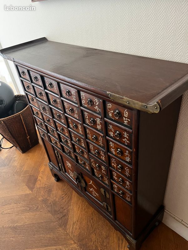 Commode Cabinet Apothicaire Asie – Bois, 8 Tiroirs, Style Feng Shui, Bleu Pétrole