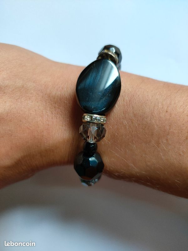 Bracelet en perles de verre noir, transparent et strass (image 3)