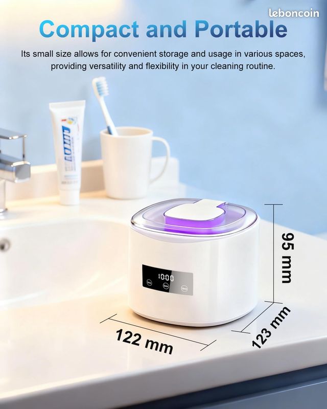 50000Hz Nettoyeur Ultrasons,Ultrasonic Cleaner avec 4 Lampe UV,3  Modes,Affichage numérique HD,230ML Portable Pod Dentaire pour  Prothèses,Gouttière Dentaire,Retainer,Bijoux,tête de brosse etc,Blanc