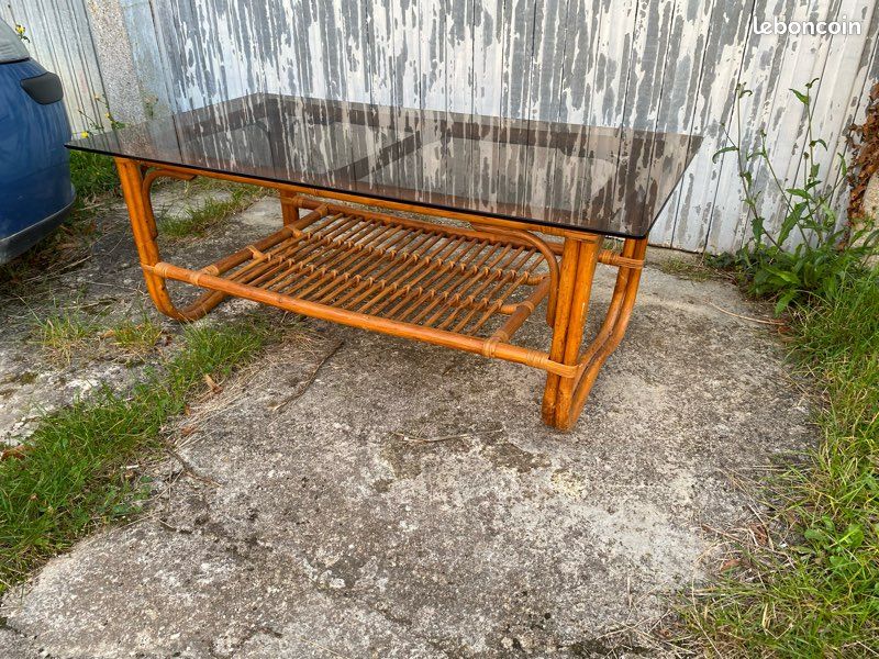 Table basse vintage bambou rotin osier plateau verre fumé boho tiki porte revues (image 2)