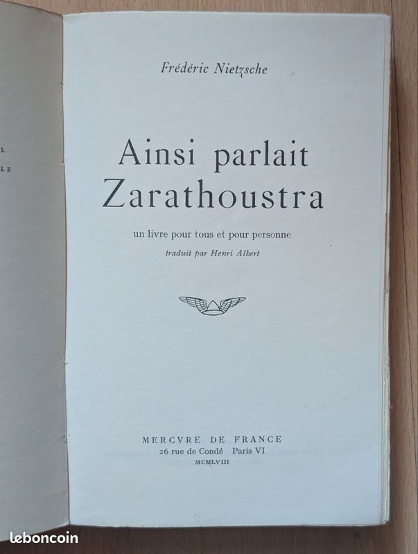 Frédéric Nietzsche : ainsi parlait Zarathoustra - éditions Mercure de France 1958- exemplaire partiellement non découpé (image 4)