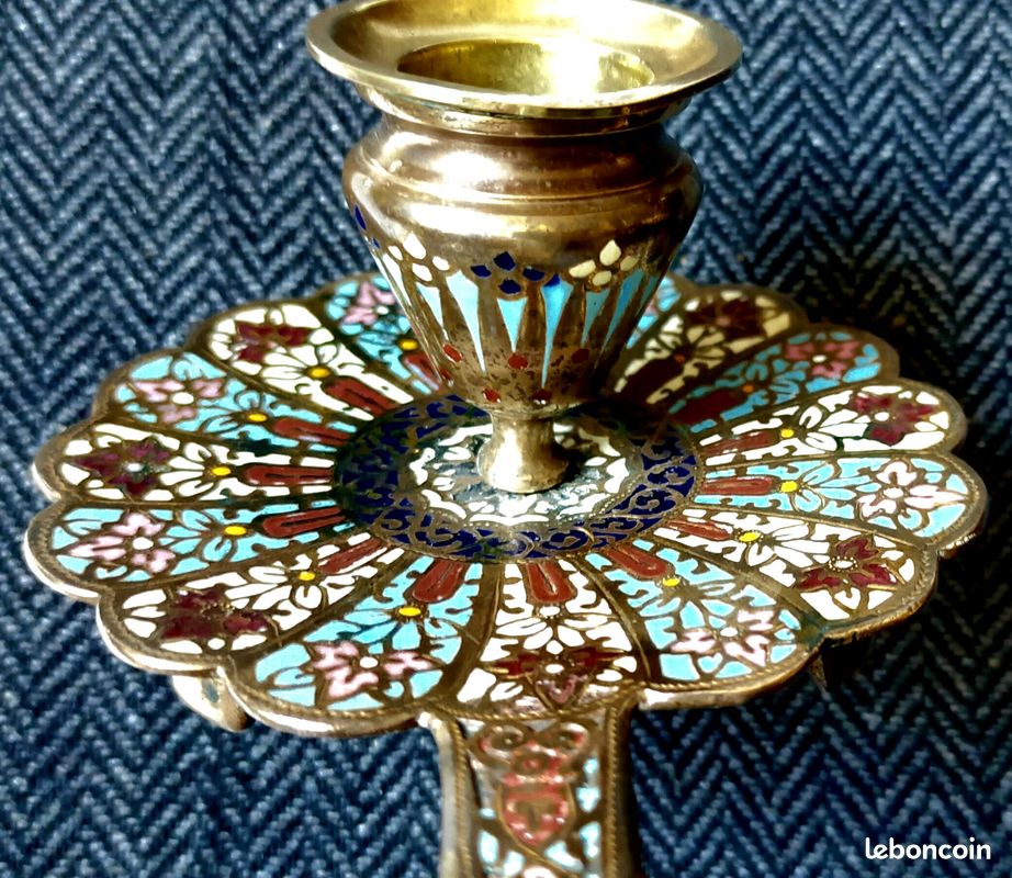 Bougeoir Napoléon III En Laiton Et émail Cloisonné - Style Orientaliste, Fait Main (France)
