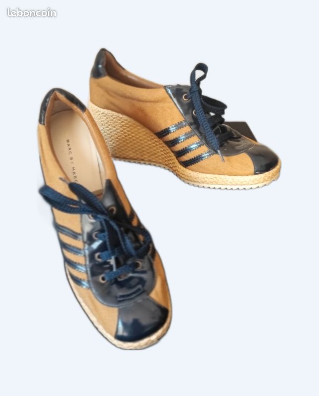 Marc jacobs - baskets compensées - toile couleur café + cuir verni bleu - pt 37 (image 1)