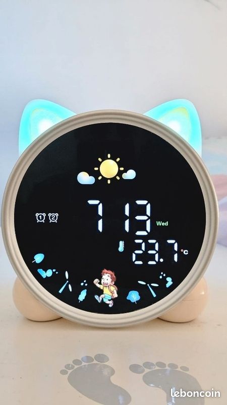 Réveil éducatif enfant chat LED - veilleuse,
double alarme, température (neuf) (image 3)