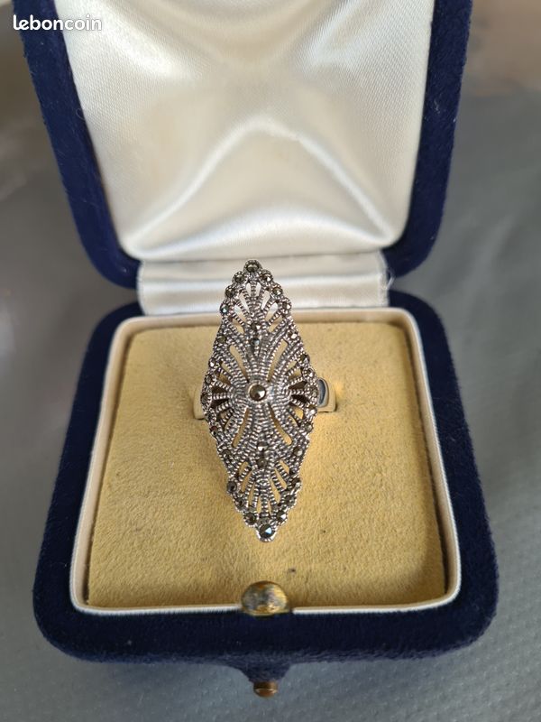 Bague Marquise En Argent Massif Avec Pierres - Taille 52 - Occasion - Bijou Vintage