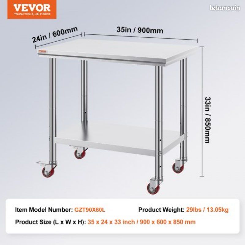 KLEENSTEEL Table De Préparation En Acier Inoxydable Kleensteel, Table De Travail Commerciale Avec Tablette Reglable Keef1001