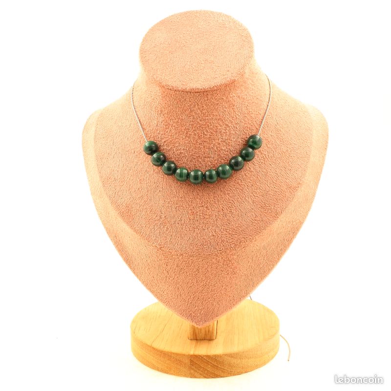 Collier 10 perles Malachite du Congo qualité 7A 8 mm chaine en acier inoxydable (image 1)