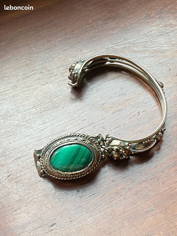 Bracelet Vintage En Argent Massif Et Malachite - Pierre Verte, Occasion Élégant