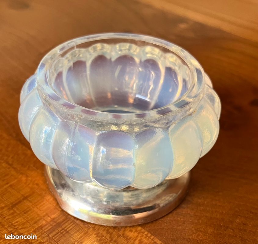 Paire de salières art déco verre opalescent bleu & métal argenté + cuillères Christofle (image 4)